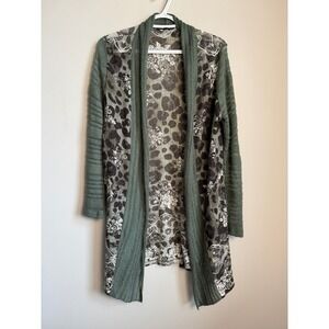 Cativa‎ Open Front Longline Cardigan Sweater Leopard Floral Print Knit Womens M